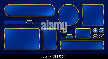 Blue and gold UI button and frame elements collection for web and mobile design. Vector illustration Stock Vector