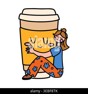 Cute girl hugging coffee cup doodle character isolated on white Stock Vector
