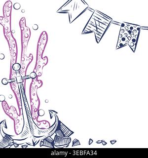 A nautical-themed frame featuring a hand-drawn anchor, sea coral, garland flags, and bubbles. This ink sketch-style nautical graphic illustration is p Stock Vector