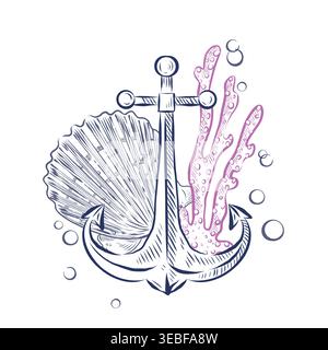 A vector composition featuring an anchor with shells, a coral reef, and air bubbles. All objects are hand-drawn in ink. This illustration is suitable Stock Vector