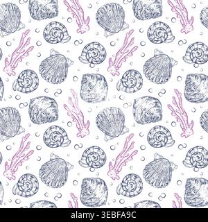 A seamless nautical pattern with hand-drawn shells and corals. A repeating nautical background with blue ink sketches of sea creatures and bubbles Stock Vector