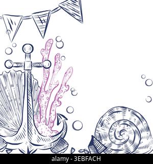 A nautical-themed vector frame with an anchor, shell, coral, and flags. Hand-drawn in ink, perfect for invitation designs or backgrounds, or for Stock Vector