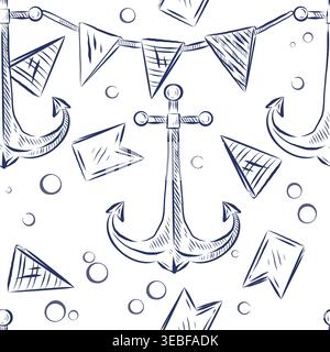 Nautical seamless pattern with hand drawn anchor, bunting flag and air bubble. Marine theme wallpaper with sketch element. Decorative design for Stock Vector
