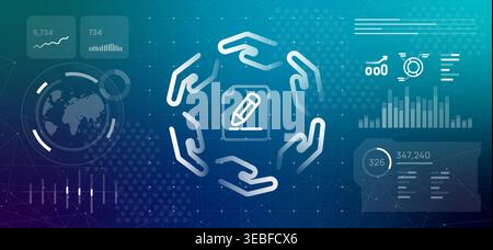 Multilateralism global treaty and collective agreement concept with multiple hands surrounding a signed document icon on a high tech digital Stock Vector