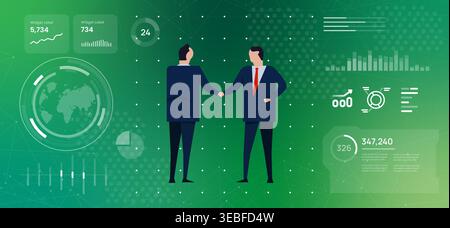 Business agreement and global cooperation concept with two professional businessmen shaking hands in front of digital dashboard with world map and Stock Vector