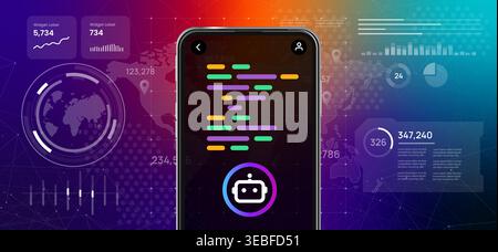 Mobile application for artificial intelligence programming automated code generation robot icon and coding script lines on smartphone screen with data Stock Vector