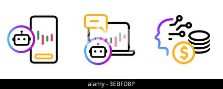 Artificial intelligence automated AI robot trading icon set featuring algorithmic financial data analysis and digital money investment with brain Stock Vector