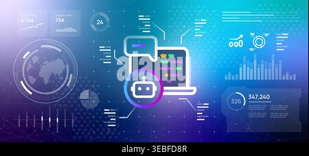 Artificial intelligence software development and automated programming concept with robot icon on laptop screen showing colorful code lines and chat Stock Vector