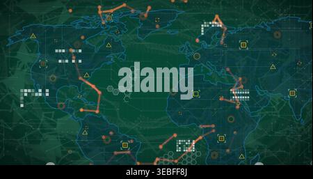 Displaying world map tracking orange path nodes on HUD with pixels, targets, hex motifs Stock Photo