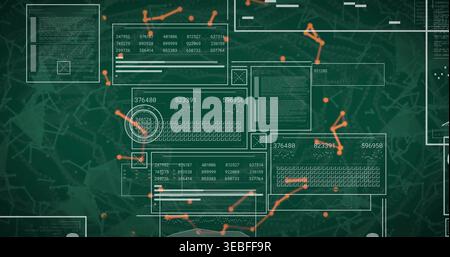 Displaying translucent UI panels cluster occupying center of virtual dashboard, with orange nodes Stock Photo