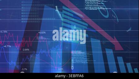 Displaying market dashboard showing decline on center screen with bars lines red arrow percentages Stock Photo