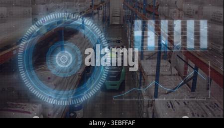 Operating green forklift, worker wearing safety vest, helmet navigating warehouse with pallets HUD Stock Photo