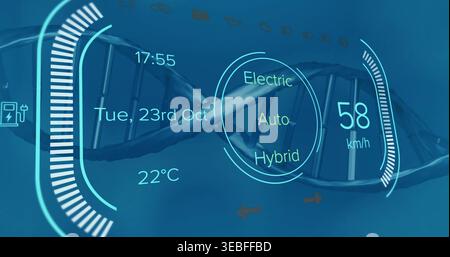 Displaying HUD centered in AR vehicle dash, showing drive-mode selector, 58km or h, DNA helix Stock Photo