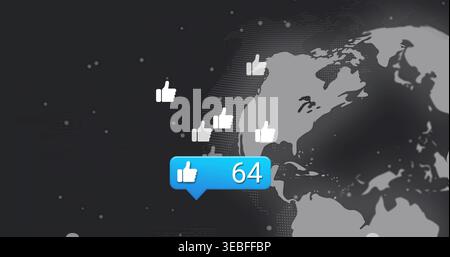 Displaying blue notification bubble showing 64 likes on map analytics UI, with thumbs-up icons Stock Photo