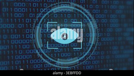 Displaying cyan eye within target frame, floating over navy binary code with concentric HUD rings Stock Photo