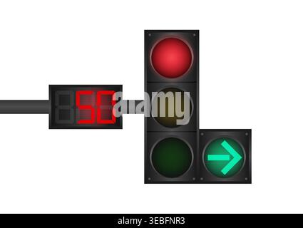 Traffic light with Countdown Timer. Vector Illustration Isolated on White Background. Stock Vector