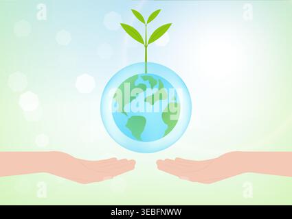 Save Water or Save the World Concept. Hand Holding Drop of Water and World. World Water Day and Environment day. Vector Illustration. Stock Vector