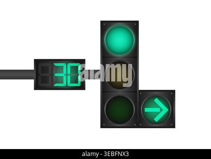Traffic light with Green Light and Countdown Timer. Vector Illustration Isolated on White Background. Stock Vector