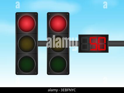 Traffic light with Red Light and Countdown Timer against Blue Sky. Vector Illustration. Stock Vector