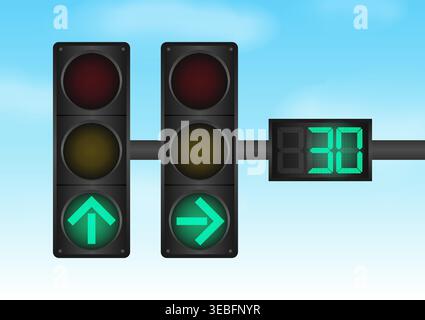 Traffic light with Green Light and Countdown Timer against Blue Sky. Vector Illustration. Stock Vector