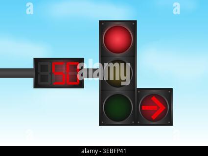 Traffic light with Red Light and Countdown Timer against Blue Sky. Vector Illustration. Stock Vector