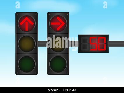 Traffic light with Red Light and Countdown Timer against Blue Sky. Vector Illustration. Stock Vector