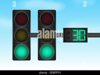 Traffic light with Green Light and Countdown Timer against Blue Sky. Vector Illustration. Stock Vector