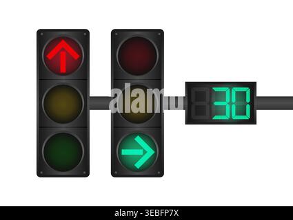 Traffic light with Countdown Timer. Vector Illustration Isolated on White Background. Stock Vector