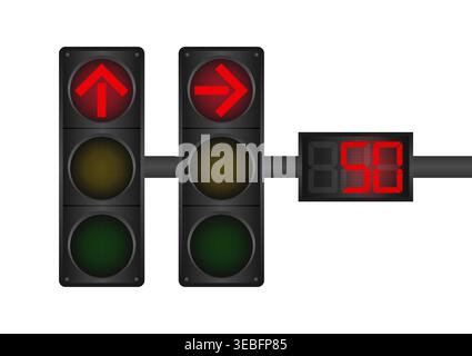 Traffic light with Red Light and Countdown Timer. Vector Illustration Isolated on White Background. Stock Vector