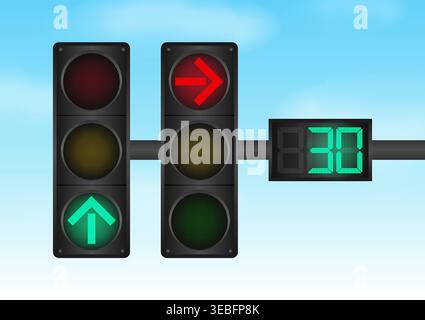 Traffic light with Countdown Timer against Blue Sky. Vector Illustration. Stock Vector
