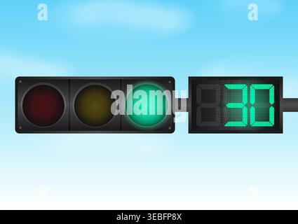 Traffic light with Green Light and Countdown Timer against Blue Sky. Vector Illustration. Stock Vector