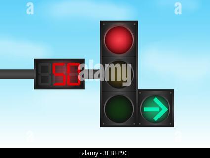 Traffic light with Countdown Timer against Blue Sky. Vector Illustration. Stock Vector