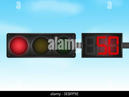 Traffic light with Red Light and Countdown Timer against Blue Sky. Vector Illustration. Stock Vector
