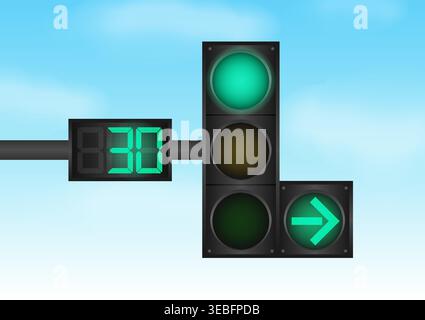Traffic light with Green Light and Countdown Timer against Blue Sky. Vector Illustration. Stock Vector