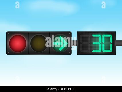 Traffic light with Countdown Timer against Blue Sky. Vector Illustration. Stock Vector