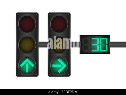 Traffic light with Green Light and Countdown Timer. Vector Illustration Isolated on White Background. Stock Vector
