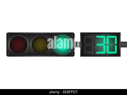 Traffic light with Green Light and Countdown Timer. Vector Illustration Isolated on White Background. Stock Vector