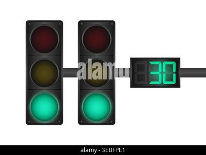 Traffic light with Green Light and Countdown Timer. Vector Illustration Isolated on White Background. Stock Vector