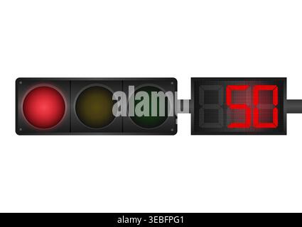 Traffic light with Red Light and Countdown Timer. Vector Illustration Isolated on White Background. Stock Vector