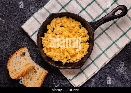 Cooked omelette in a frying pan, top view. Stock Photo