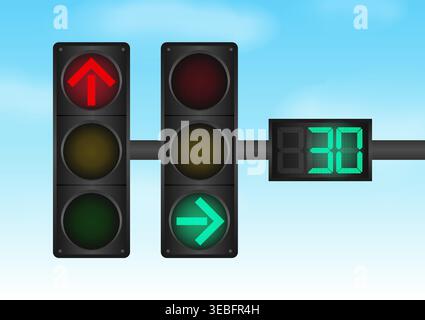 Traffic light with Countdown Timer against Blue Sky. Vector Illustration. Stock Vector