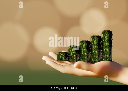 3D render of a hand holding rising bar charts covered in green leaves. Represents eco-friendly investment, sustainable business growth, ESG progress, Stock Photo