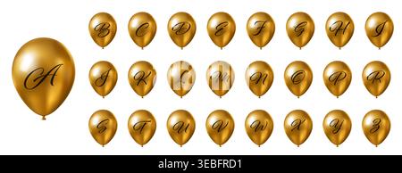 Set of gold holographic alphabet balloons with cursive letters for party celebration names and custom text Stock Vector