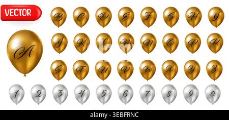 Set of gold alphabet and silver number balloons for party celebration decoration names and age display Stock Vector