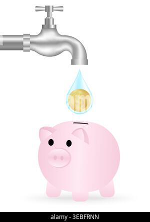 Water Tap with Water Drop and Coin and Piggybank. Saving and Investment Concept. Vector Illustration. Stock Vector