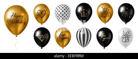 Set of gold black and white balloons with birthday text festive icons and decorative elements for party celebration Stock Vector