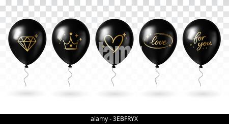 Set of black holographic balloons with gold elegant lettering symbols and romantic messages for party celebration Stock Vector