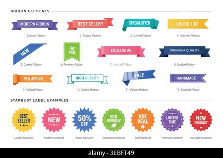 Modern ribbon banners and starburst labels for sales marketing design Stock Vector