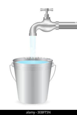 Water Tap with Water Flowing into the Bucket. Save Water Concept. Vector Illustration. Stock Vector