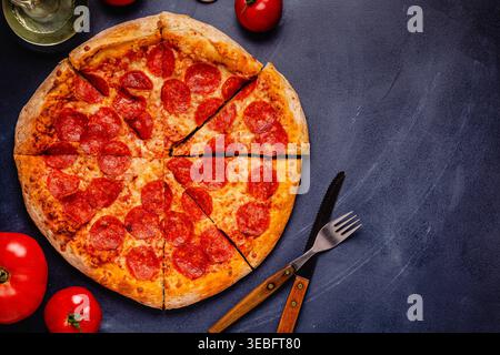 Hot homemade Pepperoni pizza, top view. Stock Photo